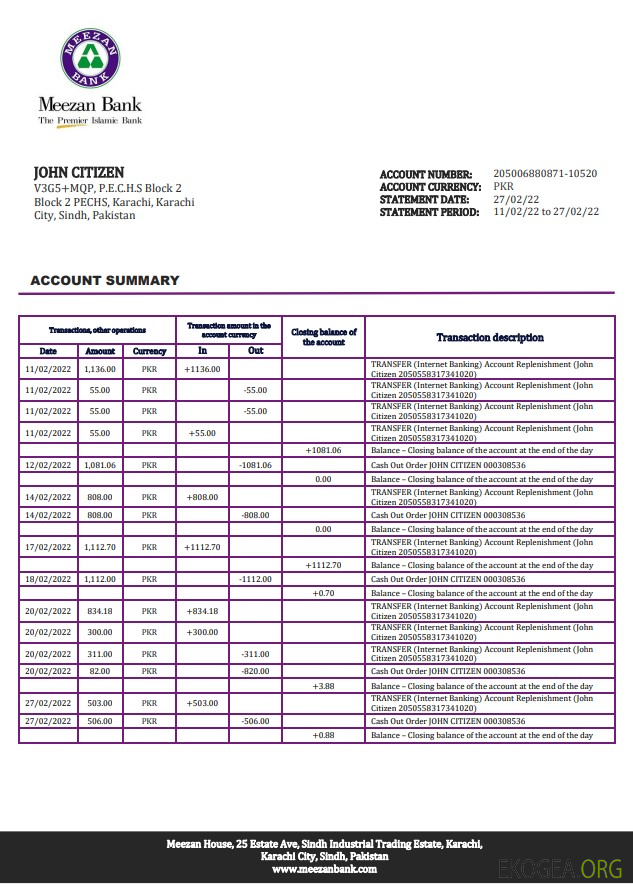 Relevé bancaire Pakistan Meezan template Relevé bancaire Pakistan Meezan template